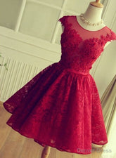 A Line Crew Cap Sleeves Red Lace Homecoming Dress With Appliques